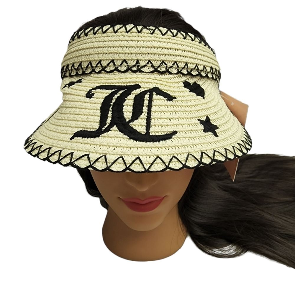 JUICY COUTURE Straw Sun Visor Embroidered Logo Y2K Tennis Beach Vacation Hat - Picture 7 of 10
